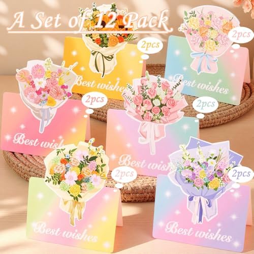 12 Pack Greeting Cards, Floral Bouquet Rainbow Gradient Design, Best Wishes for Birthday, Graduation, Mother's Day, Father's Day, Women's Day, Teachers' Day, New Year, Christmas, Thanksgiving Day, Valentine's Day, Wedding