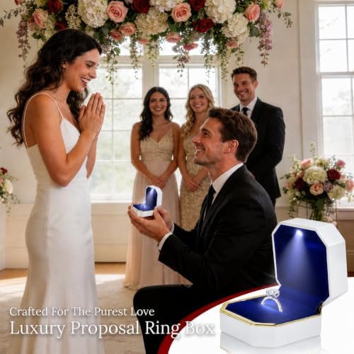 Luxury Velvet Engagement Ring Box with LED Light - Wedding Ring Box for Proposal, Jewelry Gift Box, Ring Case, Travel Engagement Gift for Wedding Day Anniversary