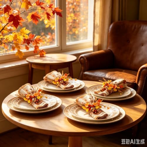 12 Pcs Fall Thanksgiving Napkin Rings Artificial Orange Yellow Flower Leaf Berry Fern Foliage Wreath Napkin Ring Holder Buckles for Autumn Harvest Wedding Birthday Family Dinner Party Table Supplies