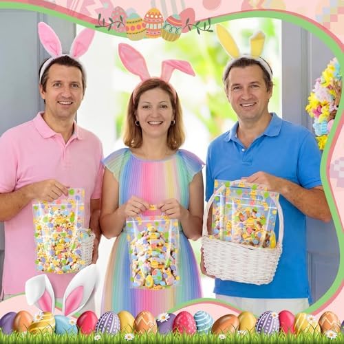 Engrowtic 50 Pcs Easter Treat Bags Reusable Easter Egg Zipper Bags Plastic Goodie Gift Bag Holiday Bag with Handles for Spring Party Favor Wrapping Supplies