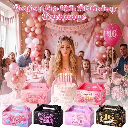 Zhanmai 36 Pack Sweet 16 Party Treat Box Happy 16 Year Old 16th Birthday Goodie Boxes Hello Sixteen Gift Containers with Handles, Decorative Cardboard Goodie Boxes for Cookies Cupcakes Candy