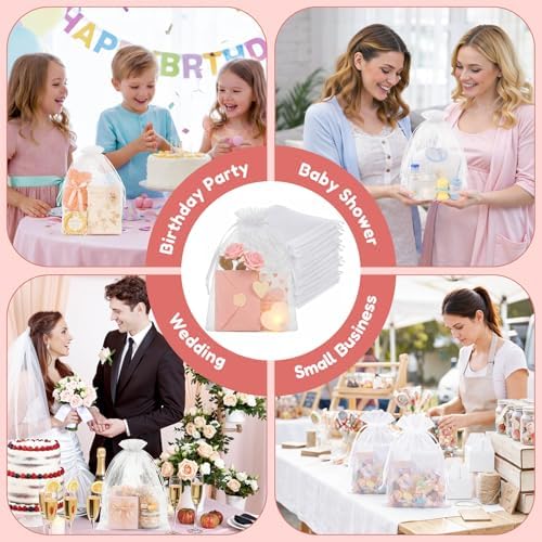 Crweety 50PCS Organza Bags 8x12 Large White Mesh Bags Drawstring Gift Bag Pouches for Wedding Favors Goodie Sachet Jewelry, Sheer Treat Bag Bulk for Birthday Baby Bridal Shower Graduation Party