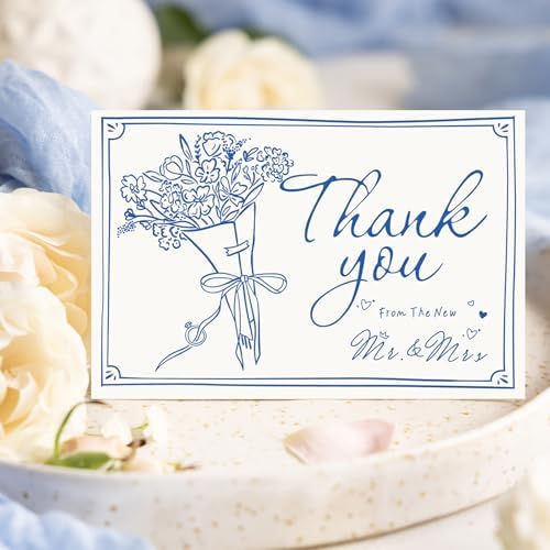 Whaline 24 Pack Wedding Thank You Cards Blue The New Mr & Mrs Flower Bouquet Thank You Blank Note Card Greeting Card with Envelope Sticker for Bridal Shower