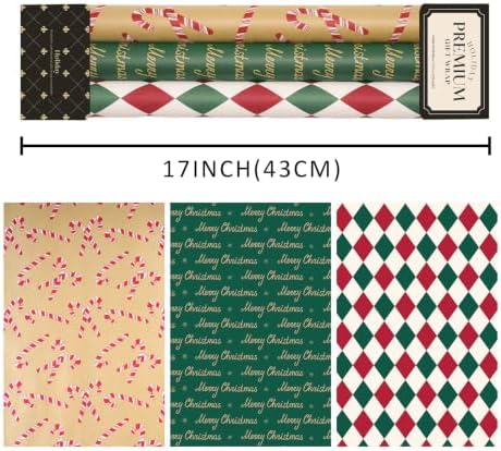 LaRibbons Kraft Christmas Vintage Wrapping Paper Set, 3 Rolls 17" x 120"