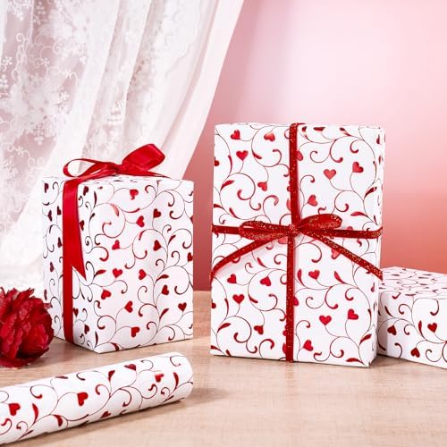 RUSPEPA Elegant Heart Wrapping Paper Roll, Mini Roll, Red Foil Heart Swirl Pattern, White Romantic Shine Gift Wrap for Valentine's Day, Wedding, Anniversary, Bridal Shower, 17 Inches x 16.4 Feet