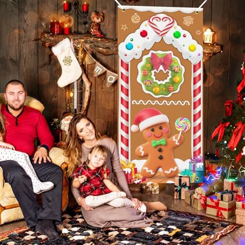 Christmas Door Cover Gingerbread Man Decoration Xmas Large Photography Background Banner Porch Sign for Winter Ginger Bread House Indoor Outside Front Door Banner Farmhouse Party Supplies 6 x 3 Feet