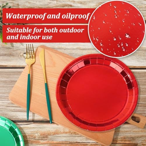 Whaline Christmas Dessert Plate Foil Red Green Disposable Paper Plate Metallic Dinnerware Plates 9 Inch for Xmas Winter Party Supplies Table Decor, 40 Pcs