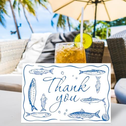 Whaline 24 Pack Sardine Thank You Cards Blue Fish Market Greeting Card with Envelope Sticker Blank Note Card for Summer Coastal Theme Birthday Baby Shower Dinner Party