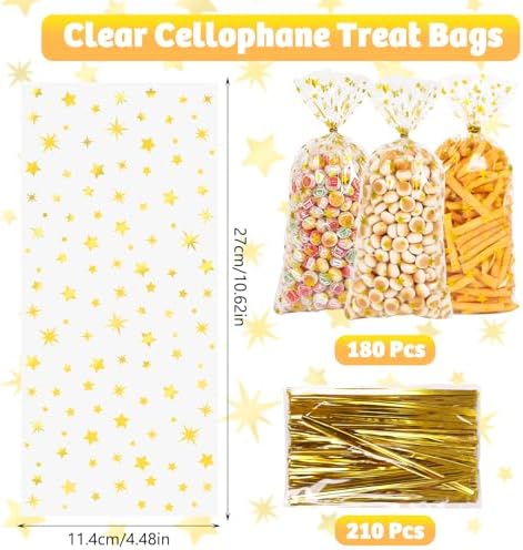 DIYASY 180 Pcs Gold Star Cellophane Treat Bags, 5 X 11 Inches Plastic Star Printed Candy Gift Bag Clear Food Snack Bags with Twist Ties for Goody Cookies Party Favor Supplies