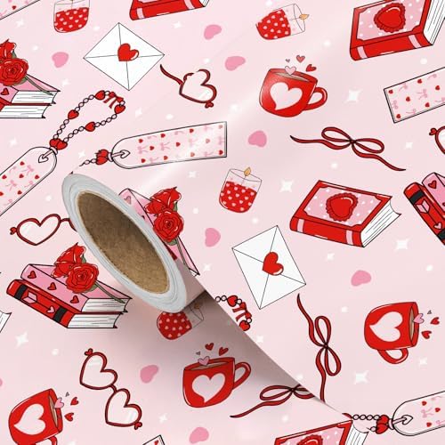 WRAPAHOLIC Valentines Day Wrapping Paper Roll - Mini Roll - 17 Inch x 16.5 Feet - Pink Love Hearts, Roses, Book Wrapping Paper, Perfect for Valentine’s Day, Wedding, Anniversary