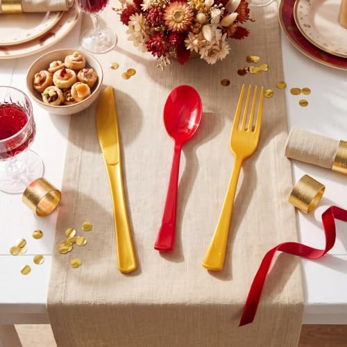 Minatee 180 Pcs Pearlescent Gold and Red Plastic Silverware Heavy Duty Cutlery Sets Disposable Utensils for Holiday Birthday Themed Party Supplies, 60 of Each Forks Knives Spoons