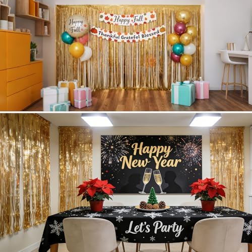 2 Pack 3.3x8.2 FT Gold Backdrop Birthday Decorations Foil Tinsel Curtain Gold Dooor Streamers Party Hanging Decorations Photo Booth Props for Birthday Graduation Bachelorette Christmas New Years Eve