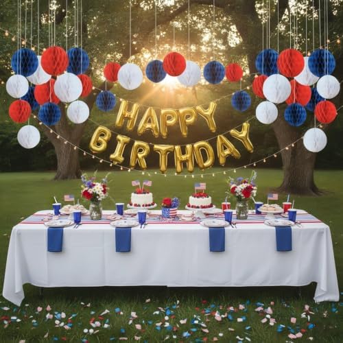 CC wonderland zone 12pcs Red Navy Blue and White Honeycomb Balls,Hanging Tissue Pom poms for Independence Day,July 4th Party,Memorial Day,Veterans Day,Party Decoration