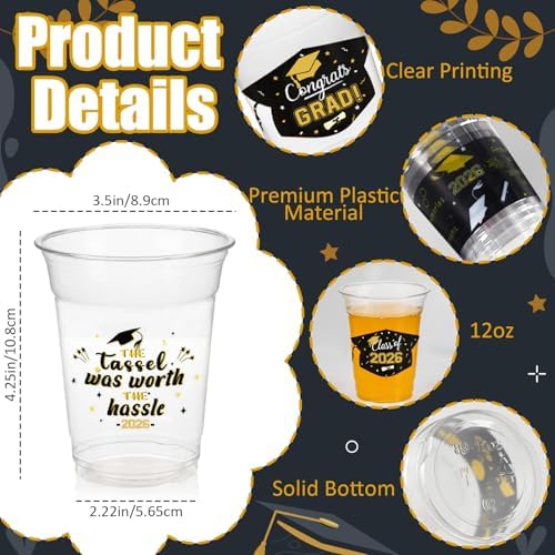 GuassLee Black and Gold Graduation Decorations 2026 Party Cups - 50pcs 12 Oz Black Gold Disposable Graduation Plastic Cups for Drinks Class of 2026 Grad Party Supplies