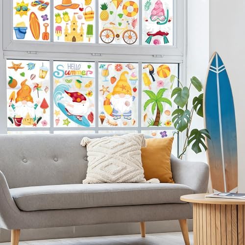 93Pcs Summer Window Clings, Double Sided Beach Gnomes Summer Window Decals Stickers for Home Office School Holiday Party Decorations