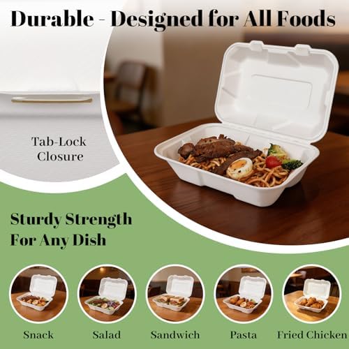 Lucklot 50 Pack 9×6 Inch White Compostable Bagasse Take Out Food Containers