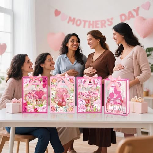 Capoda 24 Pack Mother's Day Bags with Handles, Large Floral Reusable PP Plastic Goodie Bags, Pink Rose Party Favor Bag for Mom Brunch, Classroom, Church, Candy Treats & Small Gifts