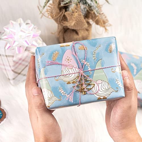 WRAPAHOLIC Reversible Christmas Wrapping Paper - Mini Roll - 17 Inch x 33 Feet - Blue Purple Gnome and Plaid Design with Metallic Foil Shine for Holiday, Party, Celebration