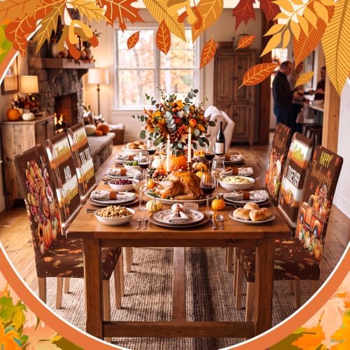 Moukeren 6 Pcs Thanksgiving Chair Covers Fall Striped Dining Slipcovers