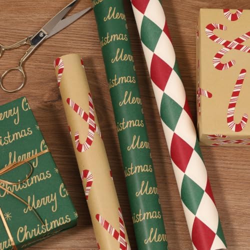 LaRibbons Kraft Christmas Vintage Wrapping Paper Set, 3 Rolls 17" x 120"