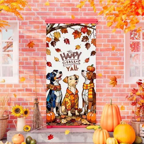Fall Door Cover,Maple Leaves Dogs Thanksgiving Banner Fall Decor