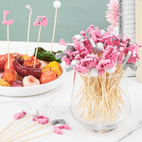 Aodaer 200 Pieces Golf Cocktail Picks for Appetizers 4.7 Inch Golf Themed Decorative End Fruit Toothpicks Skewers Bamboo Cocktail Picks for Sports Catered Events Buffet Party Supplies, Pink