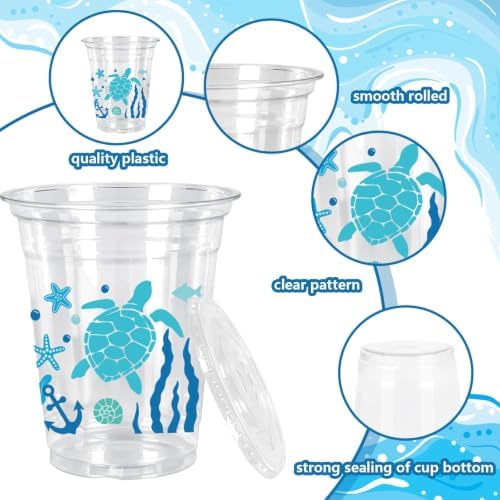 Whaline 50Pcs Summer Ocean Plastic Cups Disposable Cups with Lids Straws 12oz Blue Seaweed Starfish Turtle Clear Plastic Cup for Summer Ocean Party Supplies