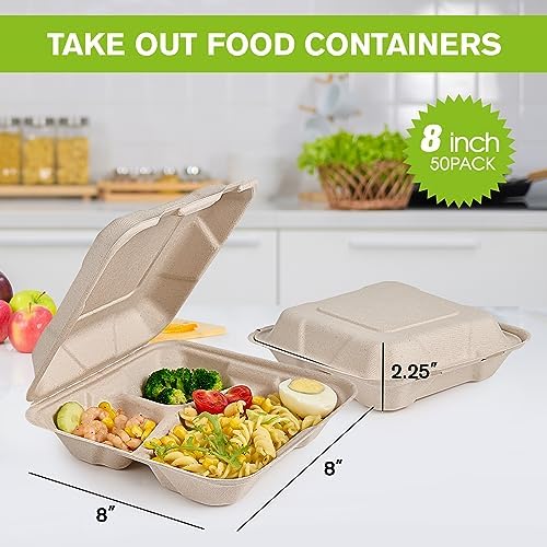 ECOLipak 50 Pack Compostable Take Out Food Containers, 8 inch,3 Compartment