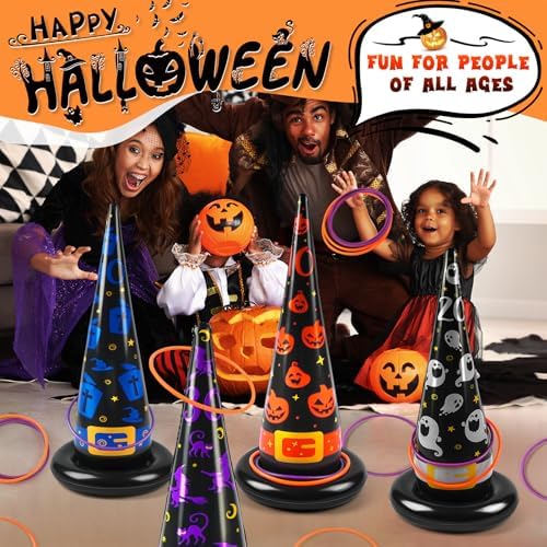 Halloween Ring Toss Games, 17PCS Inflatable Witch Hats Ring Toss Set with Plastic Rings Air Pump for Party Games Super Fun Halloween Games Activities for Kids Adults Indoor Outdoor