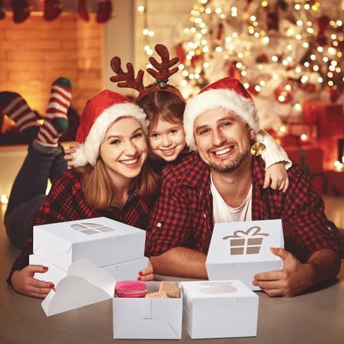 KPOSIYA 36 Pack Christmas Cookie Boxes for Gift Giving, 4x4x2.5 Inch White Bakery Boxes with Window, Large Holiday Cookie Tins with Lids, Small Xmas Treat Boxes for Pastry Dessert Cupcakes Packaging