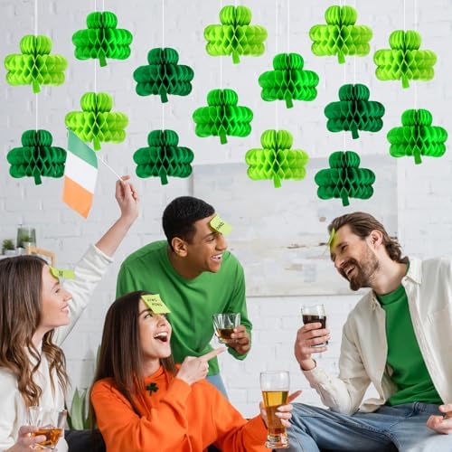 Gueevin 30 Pcs St Patricks Day Hanging Decorations St. Patrick's Day Honeycomb Balls Shamrock Honeycomb Paper Irish Ceiling Decor for Table Centerpiece Birthday Home Spring