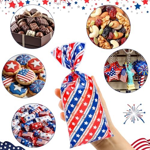 100 Pcs 4th of July Cellophane Treat Bags - 5" x 11" Patriotic Candy Bags with 110 Gold Twist Ties, Independence Day Goodie Bag for Cookies, Snacks, Party Favors & Gift Packaging (Red White and Blue)