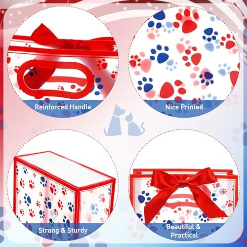Capoda 24 Pack Patriotic Paw Patterns Gift Bags with Handles, Red & Blue Reusable Plastic Party Favor Bags, Large 4th of July Goody Bag for Kids, Pet Lovers, Independence Day BBQ, Parade for Fireworks