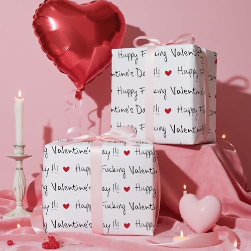 RUSPEPA Funny Valentine's Day Wrapping Paper Roll, Mini Roll, Happy F*ing Valentine's Day Lettering with Red Heart Gag Gift Wrap for Wedding, Anniversary, Birthday, Engagement, 17 Inches x 16.4 Feet