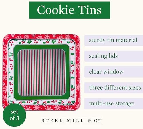 Steel Mill & Co. Square Tin Cookie Set of 3, Snowflake