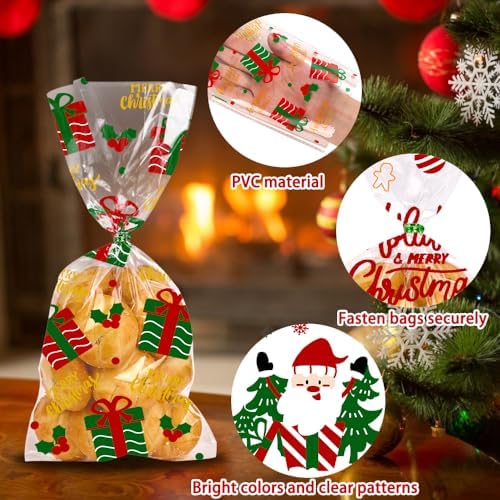 YUJUN 160PCS Christmas Cellophane Treat Bags Winter Party Favor Supplies