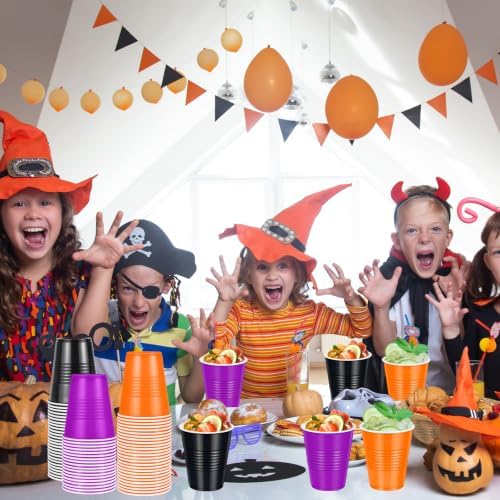 100 Pcs Bulk Halloween Plastic Cups 12 oz, Black Orange Purple Party Cups
