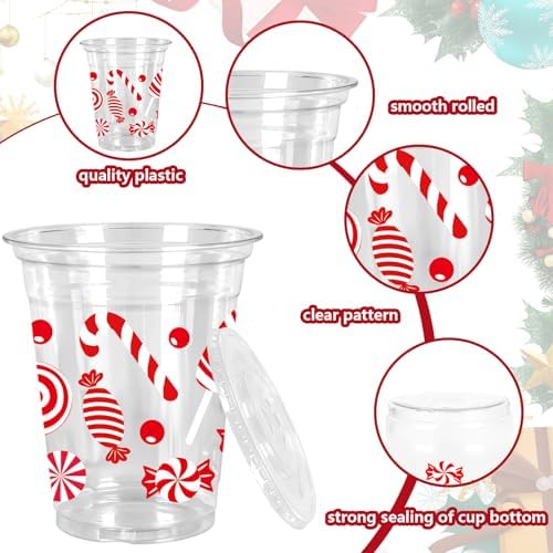 Whaline 100 Pcs 12 Oz Christmas Disposable Cup with Lid Straw Plastic Party Cup Red Green Peppermint Candy Cane Clear Glasses for Coffee Juice Cold Beverage Drink Xmas Holiday Party Supplies