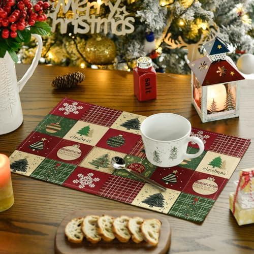 Artoid Mode Xmas Trees Christmas Balls Placemats Set of 6, 12x18 Inch Table Mats for Winter New Year Holiday Party Kitchen Dining Decoration