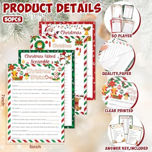 54 Pcs Christmas Party Games Card Set Merry Christmas Trivia Party Game Xmas Holiday Word Scramble Pictionary This or That Paper Cards for Family Adults Large Group Activities Supplies with Answer Key