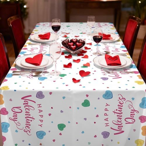 Gistome 3-Piece 54 x 108 Inch Valentine’s Day Plastic Tablecloth – Colorful Candy Heart Disposable Table Covers for Valentine’s Parties, Weddings, Classrooms, and Romantic Celebrations