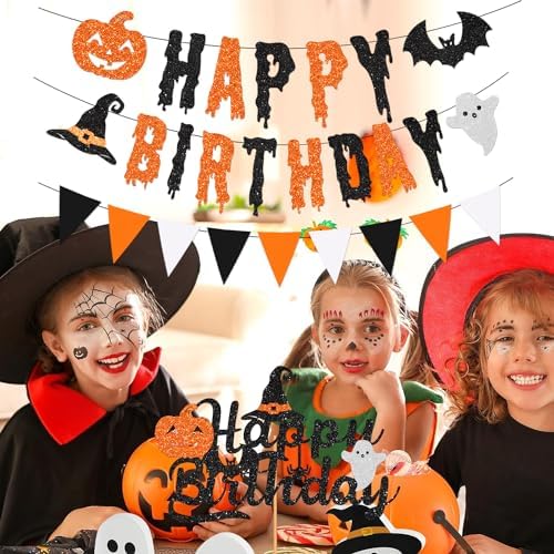 Glitter Halloween Birthday Banner Party Decorations Fall Pumpkin Happy Birthday Banner with Fall Halloween Birthday Cake Toppers for Hocus Pocus Decorations Supplies