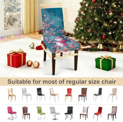 Snowman Chair Covers Set of 4, Stretchable Dining Chair Slipcovers with Pink Cherry Blossoms for Christmas Holiday Décor