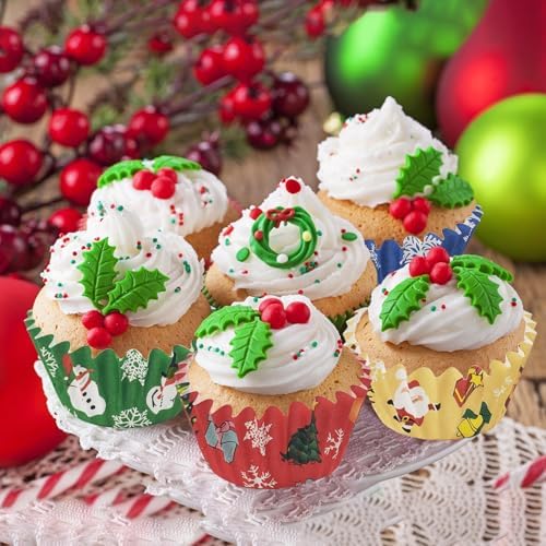 Christmas Cupcake Muffin Liners - 300 Count Xmas Baking Cup Cake Liners Paper, Merry Christmas Eve Cupcake Liner Candy Wrappers Cookies Wrap Chocolate Mold for Bakeware Party Supplies (Large)