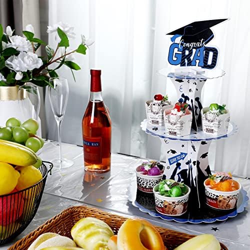 Nuenen Graduation Cupcake Holder Decoration 3 Tier Congrats Grad Party Cupcake Stand Tower Cardboard Grad Theme Dessert Stand for Graduation Party Supplies Favors(Blue and Black)