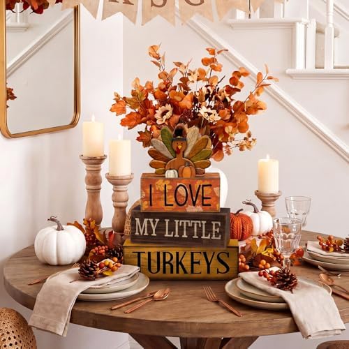 Lineshading 4 Pcs Fall Table Decor for Home, Wood Thanksgiving Turkeys Sign