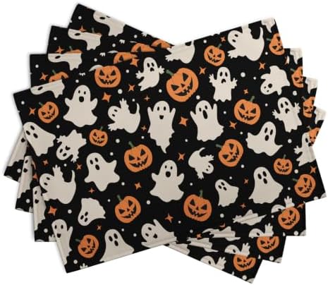 Halloween Placemats Set of 4 12x18 Inch Cute Ghost Pumpkin Table Mats Orange and Black Spooky Rustic Farmhouse Place Mat for Party Kitchen Dining Fall Decor