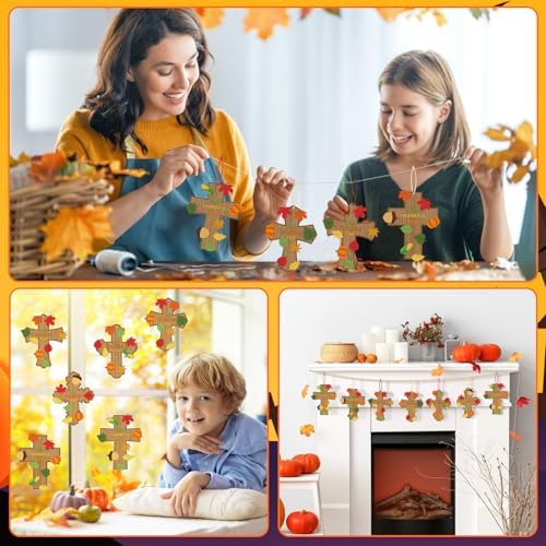 MoDooris 24 Set Fall Cross Craft Kits DIY Thanksgiving Christian Decors Make Your Own Religious Cross Hanging Ornament with Leaf Cutouts for Kids Classroom School Sunday Church Thankful Activity