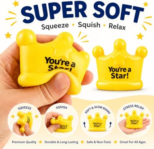 12 Pack You’re a Star Squishy Toys Bulk for Kids, Classroom Prize Rewards, Goodie Bag Stuffers, Treasure Box Toys, Carnival Game Prizes, Party Favors & Kids Rewards (Crown)