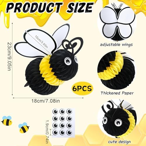 JULMELON 6 Pack Bee Party Decorations for Honeycomb Decorations